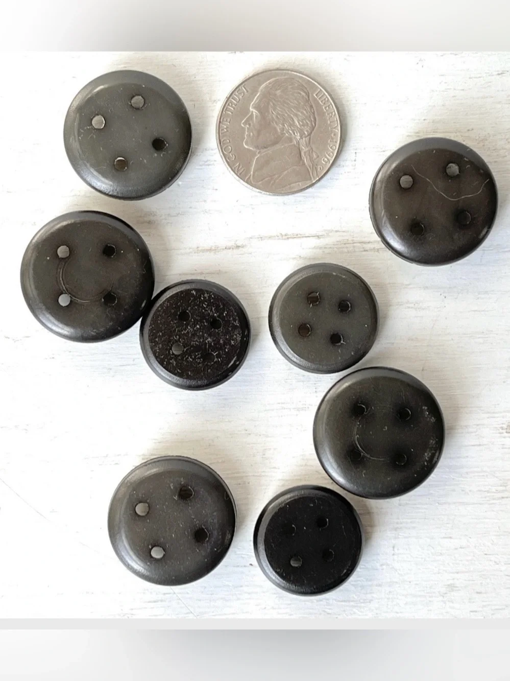 8 Unusual Vintage Round Plastic 4 hole Buttons w Groove Off White/Black Sanded F